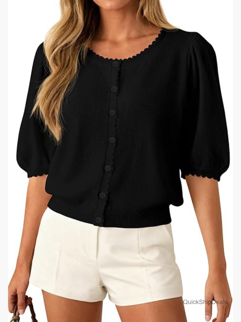 Lightweight Puff Short Sleeve Cardigan - Button Up Knit Sweater Top
